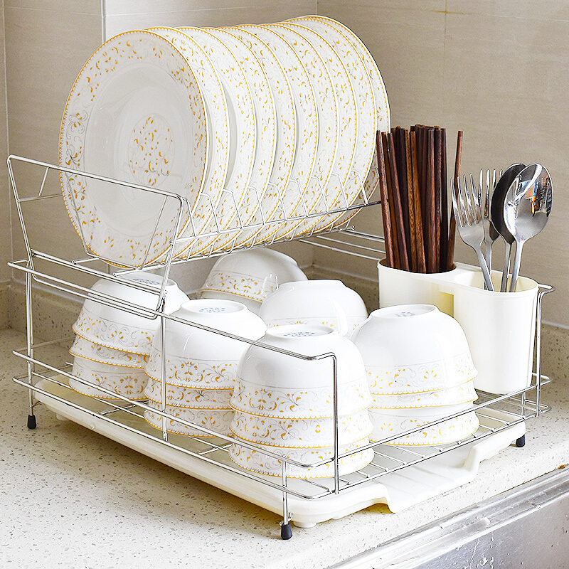 304不锈钢碗架沥水架置物架双层碗碟架刀架厨房用品碗筷收纳架子波迷