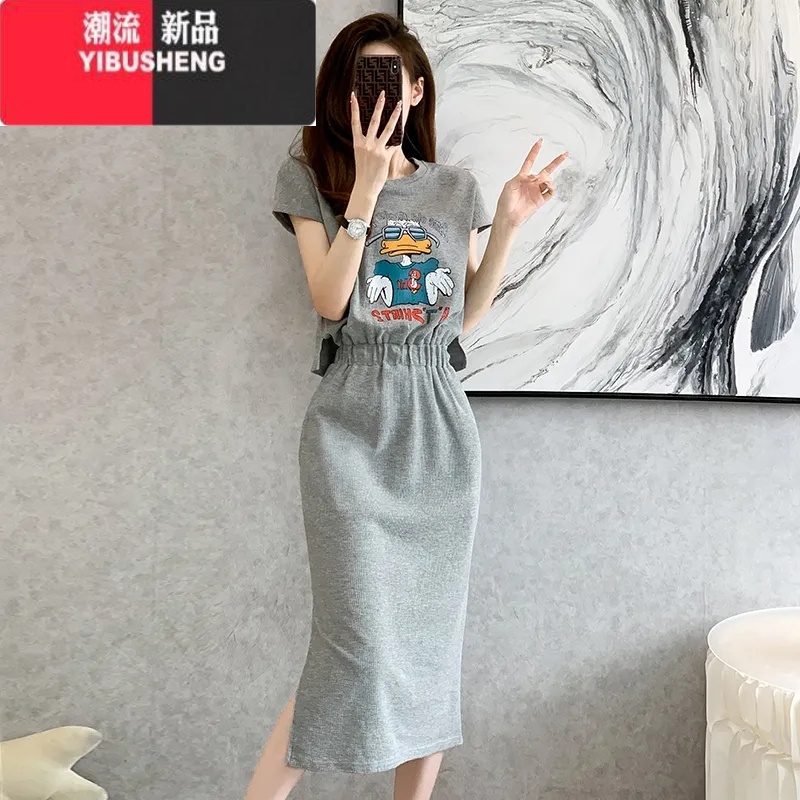 YIBUSHENG天衣服2024新款女连衣裙欧货减龄休闲长款收腰显瘦开叉T恤裙新 XL建议115-125斤 灰色