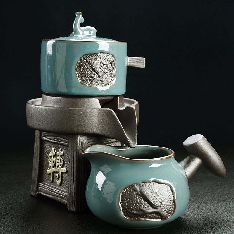 3头哥窑石磨自动茶具 懒人自动茶具套装家用简约客厅会客室功夫茶杯复古石磨泡茶器哥窑