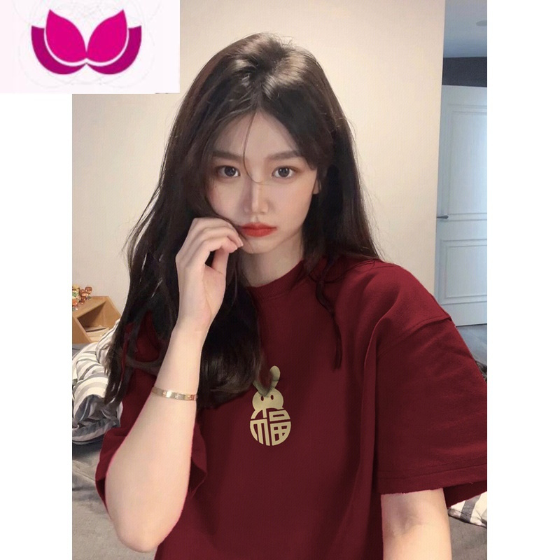 七斓酒红色短袖t恤女夏季设计感小众宽松印花半袖正肩上衣服潮ins