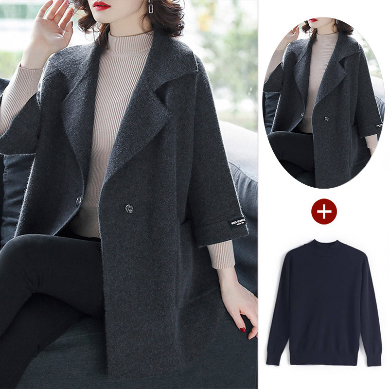 恒源祥中年妈妈秋冬装洋气外套2024新款中老年女装春羊毛呢大风衣 L推荐105-130斤 灰色+黑色打底衫