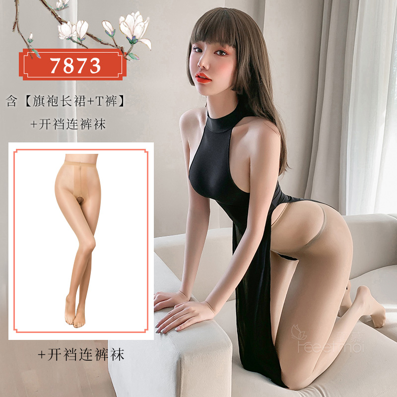 霏慕露背性感高开衩情趣内衣女式情趣睡衣大码弹力旗袍制服复古套装衣服环颈高开叉美裙床上衣服7873 7873黑色高开衩旗袍【两面可穿】+开裆连裤袜 均码