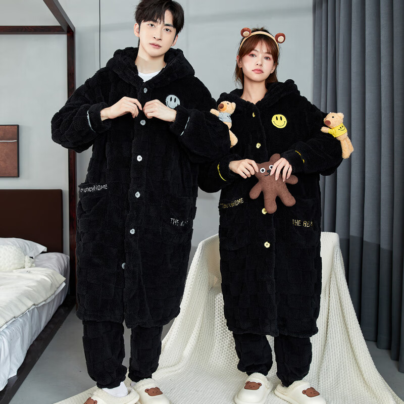 浪莎情侣睡衣男女士冬季法兰绒加长睡袍睡裤套装可外穿卡通风2024新款 情侣笑脸款 男L
