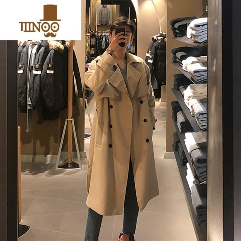YANXU风衣男中长款韩版潮流英伦风男士感卡其色过膝款大衣外套图片