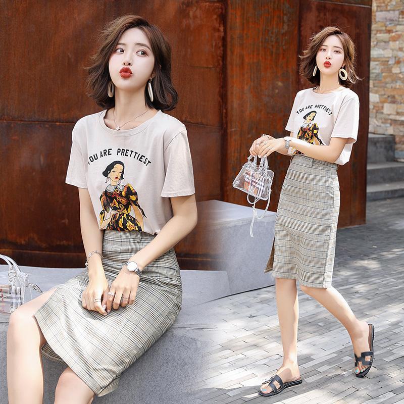 夏款套装裙女女士新品气质淑女时尚印花T恤包臀半身裙两件套女装