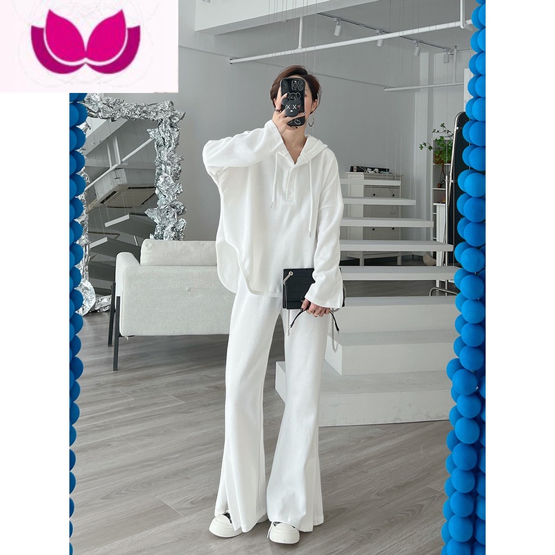 七斓胖mm300斤宽松长袖连帽运动服套装女大码显瘦开叉休闲高腰裤高清大图