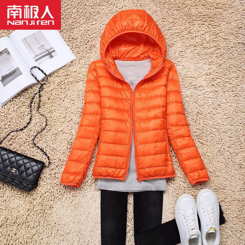 反季清仓轻薄棉服女士短款连帽立领秋冬修身大码学生外套 桔色【连帽】 XL建议120斤左右