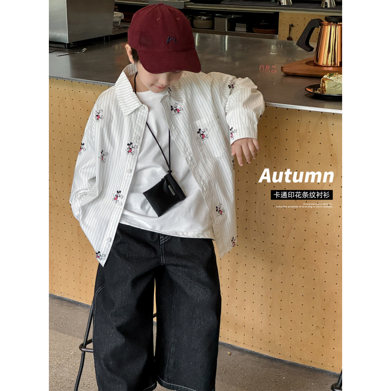 童酷男童秋季新款湖州织里童装时尚米奇满印条纹翻领儿童衬衫