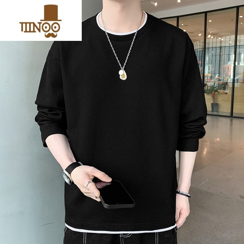 YANXU华夫格卫衣男长袖t恤圆领宽松大码薄款假美式外套高清大图