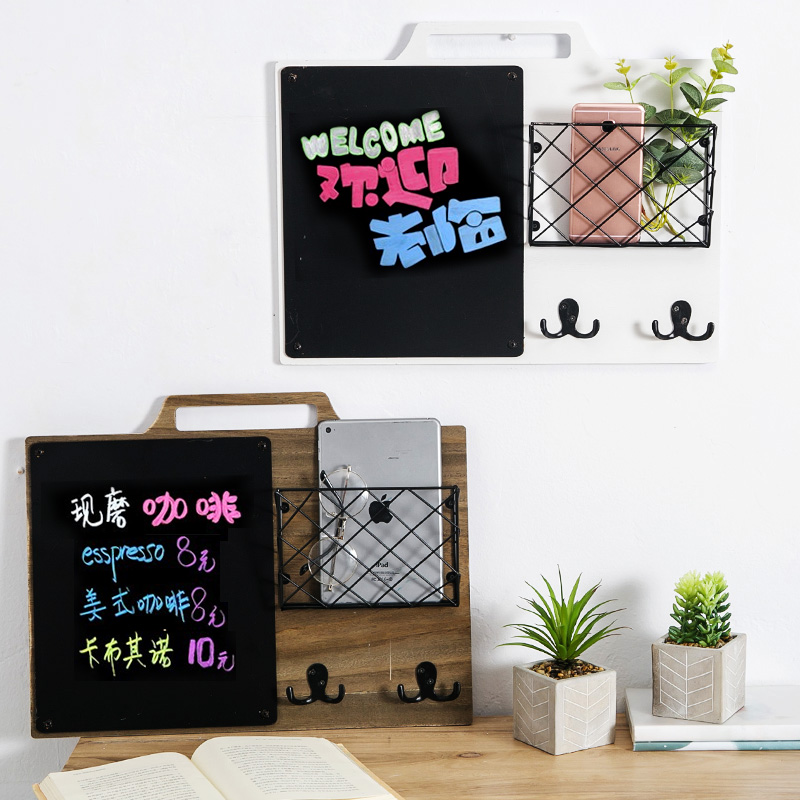创意奶茶餐厅店留言黑板装饰置物篮口收納钥匙架壁挂电表箱壁饰 三维工匠 驼色原木色横款高清大图