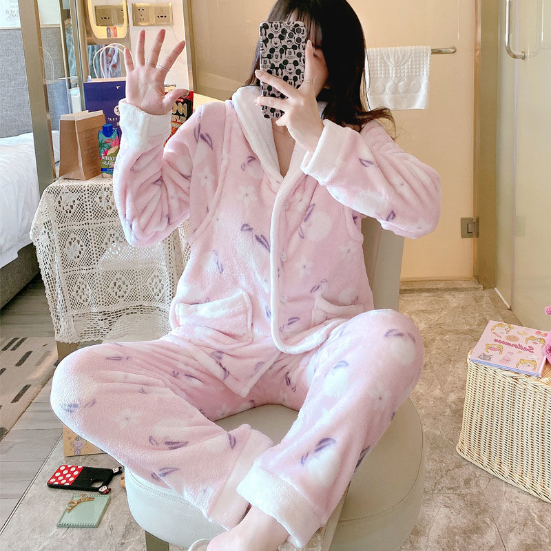 孕妇睡衣珊瑚绒月子服冬季加绒加厚产后12月份秋冬哺乳保暖衣套装 珊瑚绒苹果大领(粉色) M码夹棉(建议100-125斤)