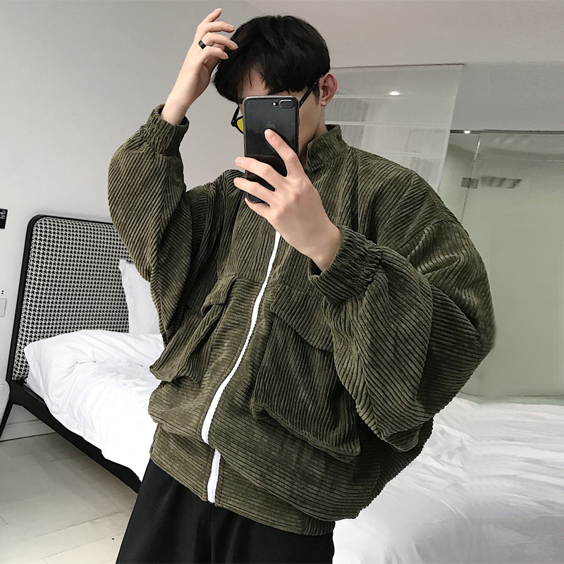 18春装韩版宽松做旧灯芯绒齿轮拉链立领飞行夹克口袋机车服短外套