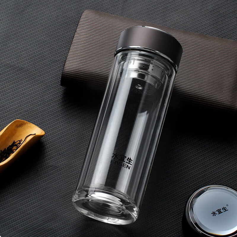 水宜生 400ML 男士水杯 透明茶杯 便携旅行双层玻璃水杯 隔热玻璃杯 G710高清大图