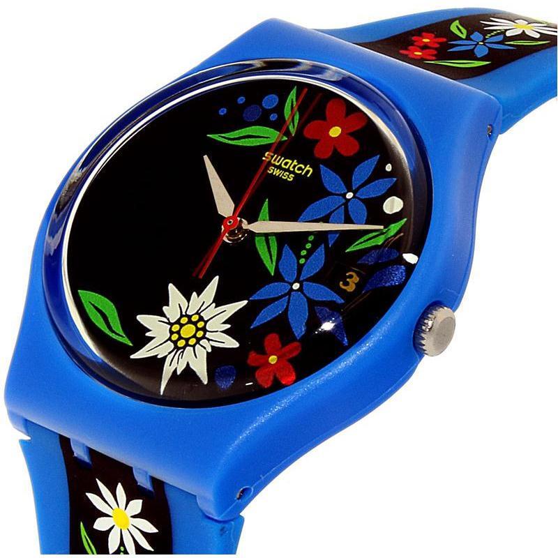 斯沃琪(SWATCH)手表 色彩密码系列 瑞士特色 花朵图案 蓝色树脂表带 石英男女通用表GN412