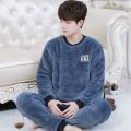 男士睡衣冬季可外穿法兰绒加绒加厚冬天睡衣男款珊瑚绒家居服套装 2XL建议【145-165斤】 午夜蓝小字母长绒【套头】