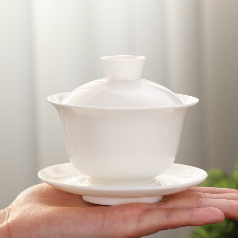 方然羊脂玉盖碗茶杯金边款120ML高清大图
