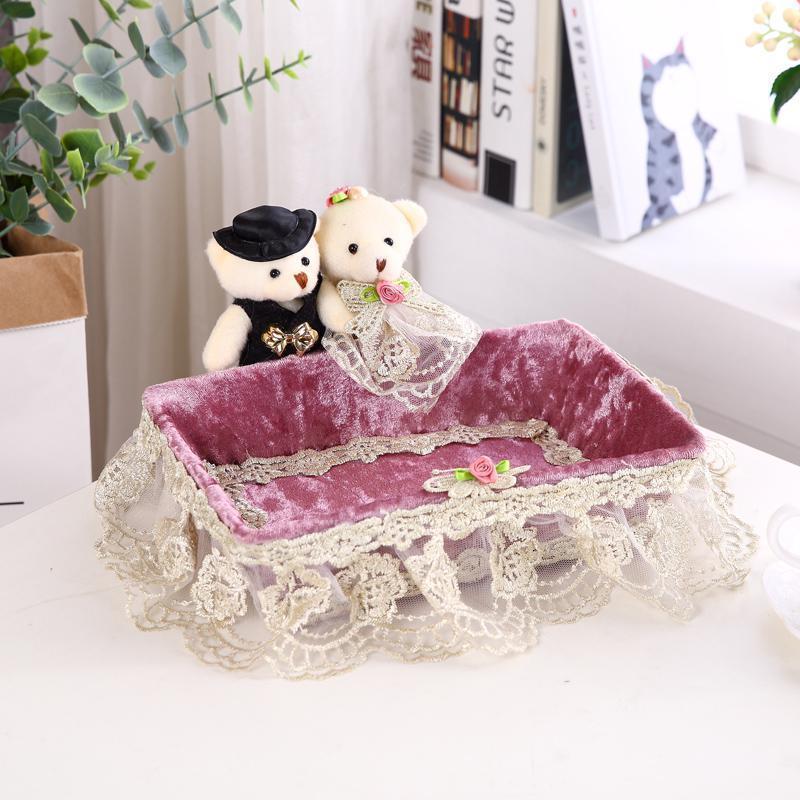 家柏饰(CORATED)布艺欧式化妆品收纳盒桌面茶几手机遥控器收纳篮藤编收纳筐 紫色双熊长方形小号