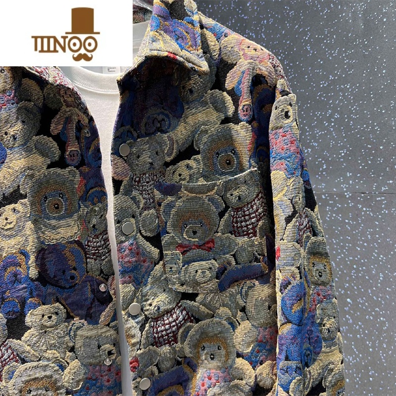 YANXU2023秋季新款潮流百搭个性休闲外套男士痞帅时尚小熊刺绣翻领上衣高清大图