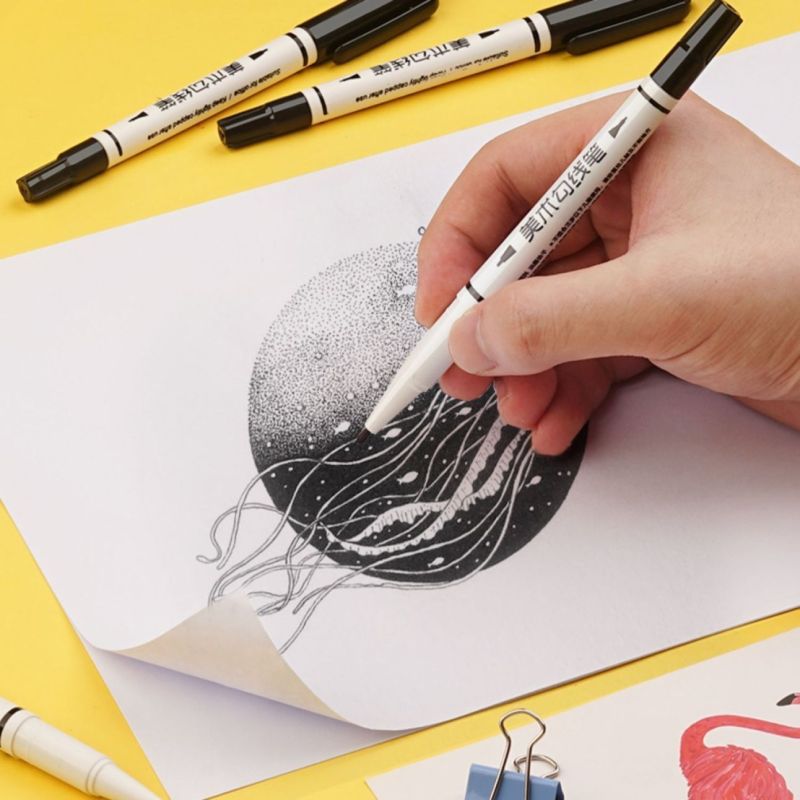 美术勾线笔儿童绘画黑色水性描边小双头记号笔细头学生描线笔-黑色;【3支裝】