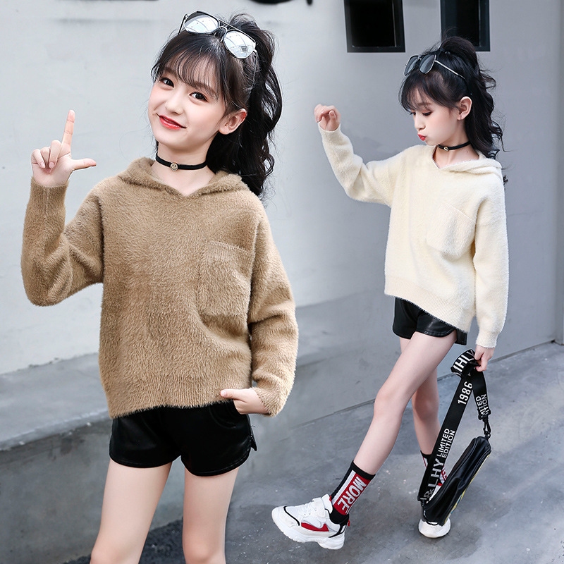 儿童秋冬季女童秋装秋季加厚加长仿貂毛衣连帽套头色韩版燕尾休闲外套