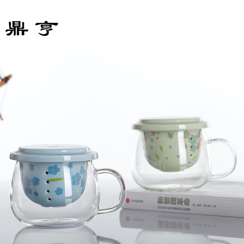 鼎亨高耐热泡茶杯樱花茶漏杯创意带过滤三件套套装简约田园防烫玻
