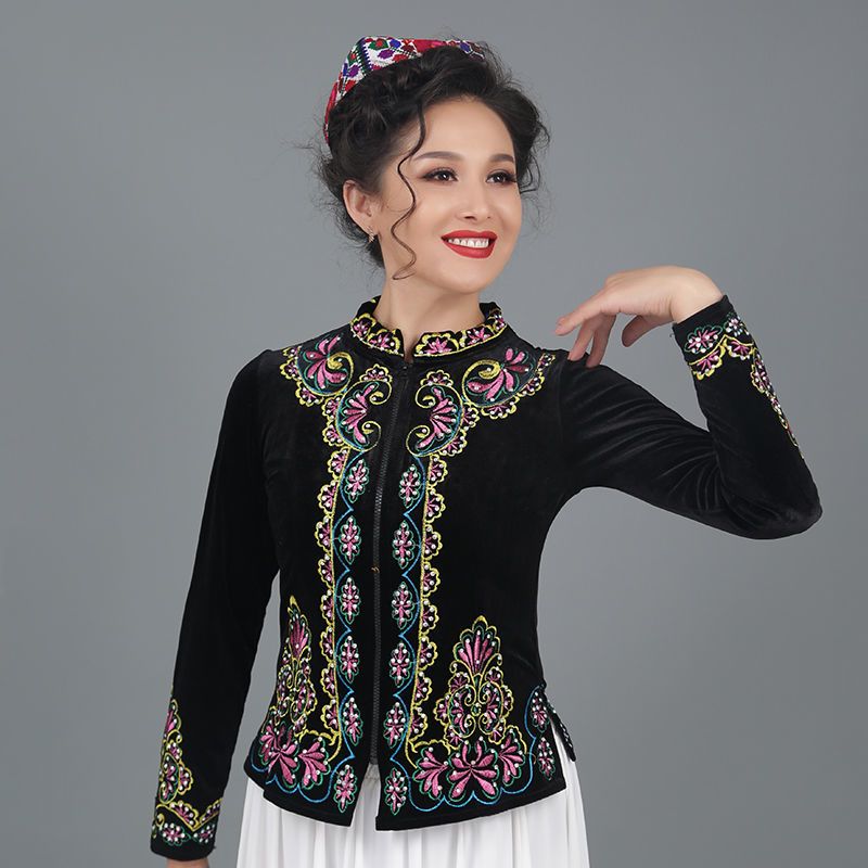 新疆舞蹈演出服女维吾尔族成人春秋季金丝绒绣花衣长袖外套