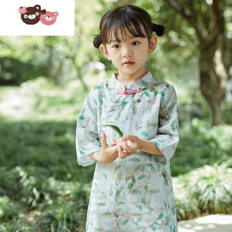 绿彩虹光女童旗袍2021年新款洋气春秋中国风苎麻连衣裙长款复古中大童唐装裙子