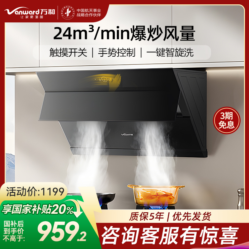 万和[小双翼DJ738 Pro·双腔大吸力]侧吸抽排油烟机24大风量爆炒自清洗一级能效手势控制智旋洗