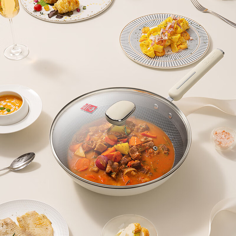康巴赫轻奢款蜂窝炒锅奶白色32cm