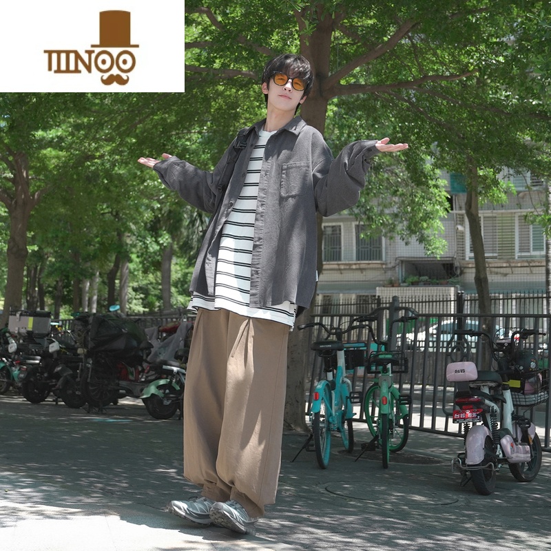 YANXUE2023秋季新款男长袖衬衫无弹日系复古纯色百搭休闲学生衬衣高清大图