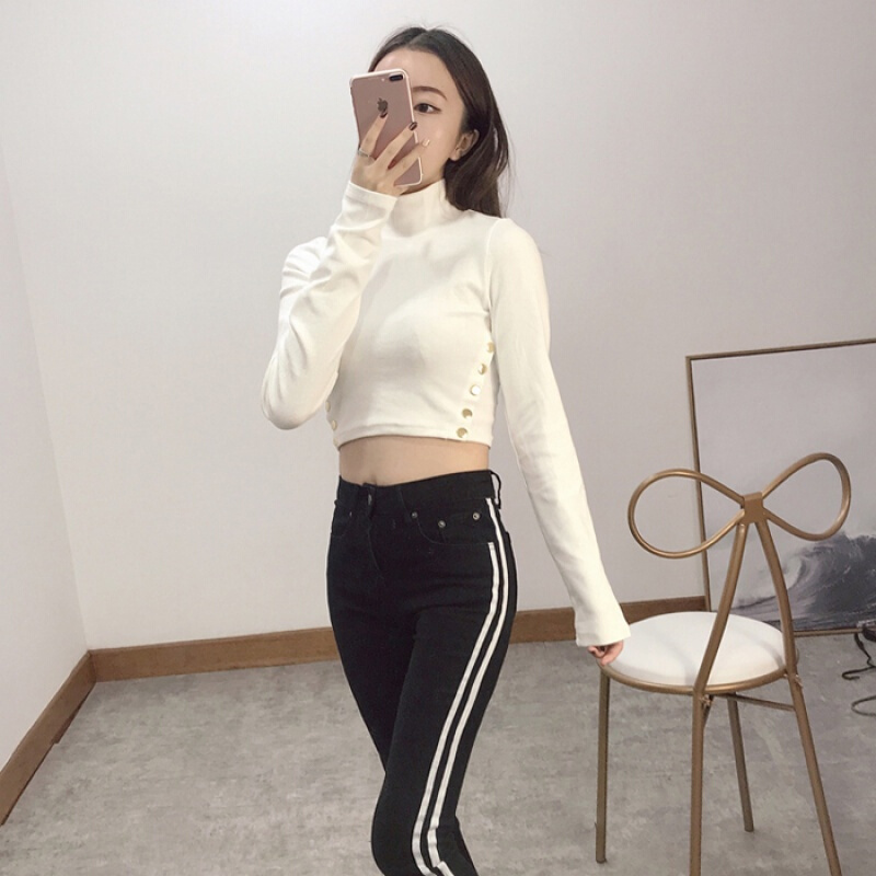 秋季高腰短款性感露脐纯色高领长袖t恤女紧身弹力露肚脐修身上衣