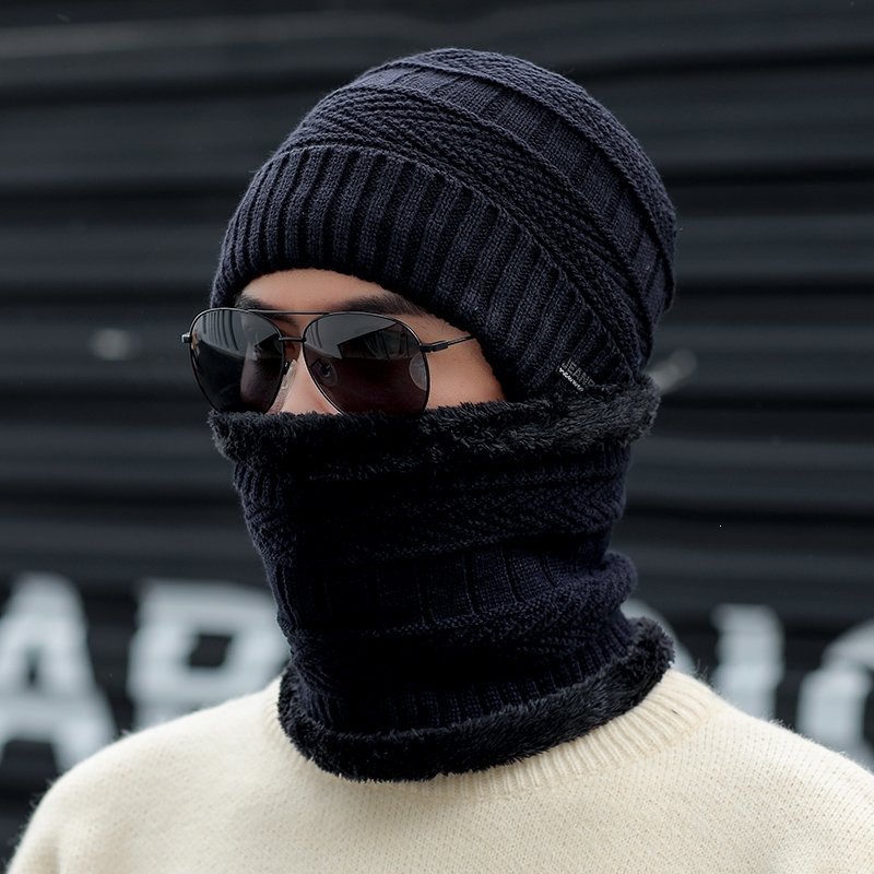 帽子男冬天保暖毛线帽加绒加厚户外围脖秋冬季骑车针织帽男士套头