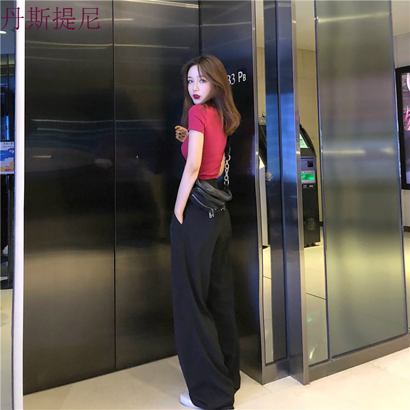 早秋韩版宽松黑色显瘦时尚拖地长裤女装夏季高腰阔腿直筒休闲裤子