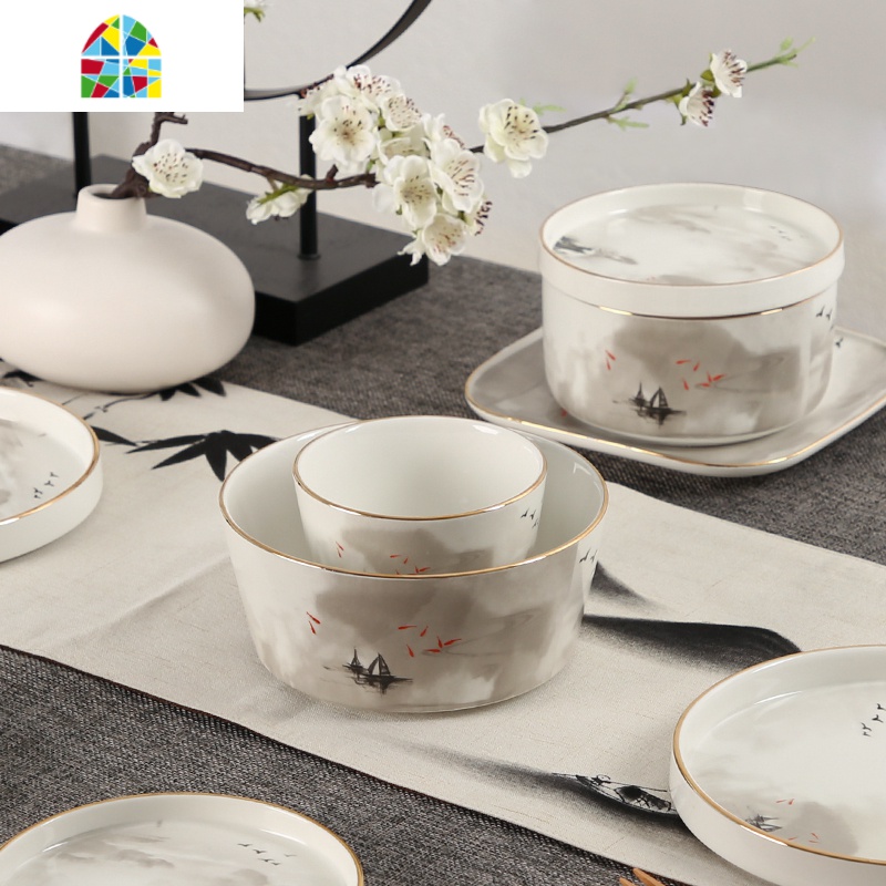 新中式网红轻奢水墨山水画陶瓷餐具 家用碗盘碟组合套装客厅摆件 FENGHOU 小汤勺*2(北欧山水)高清大图