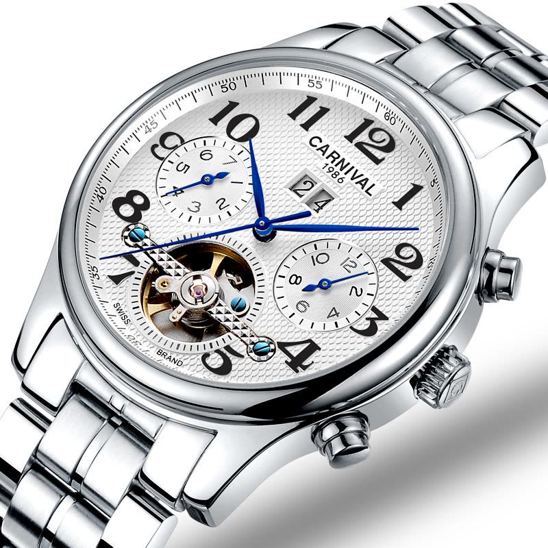 嘉年华CARNIVAL手表新款男士全自动机械表 男表皮带时尚镂空防水飞轮腕表星期月份日历多功能显示复古金属精钢表8670图片