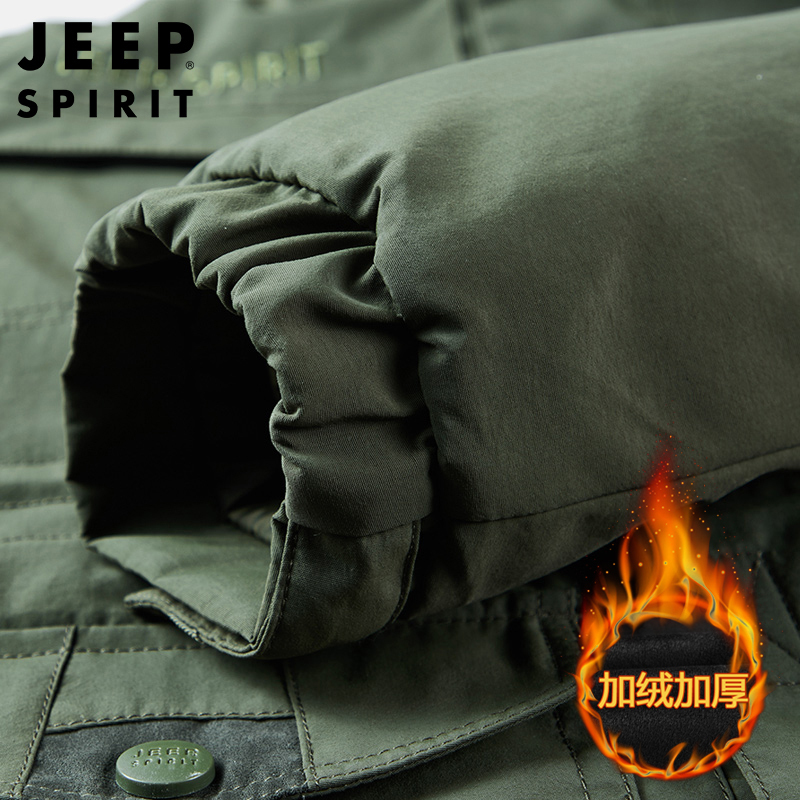 JEEP SPIRIT吉普男士棉衣加绒加厚工装多袋外套秋冬保暖军旅登山棉服可脱卸帽大码夹克