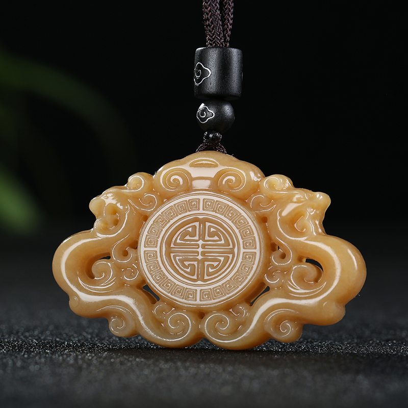 [龙凤呈祥]新疆和田玉且末糖玉生肖龙仿古凤吊坠牌挂件天然玉石