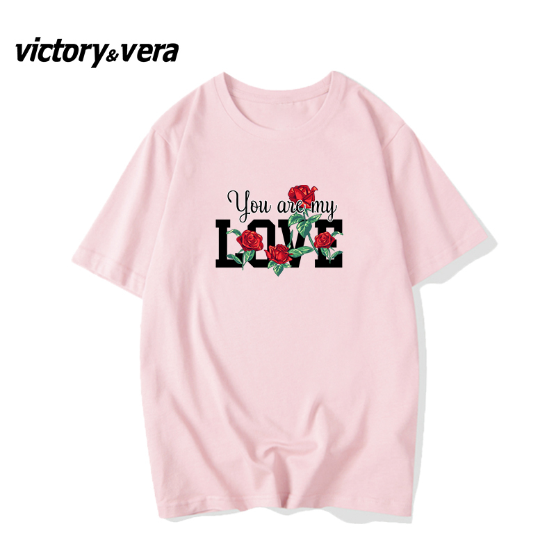 Victory&vera个性小个子纯棉印花圆领上衣女2022夏季正肩宽松体恤