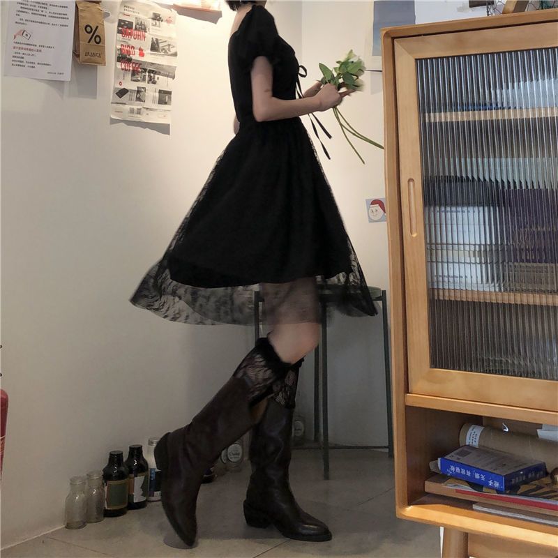 方领连衣裙女2021夏季新款法式复古收腰小白裙气质显瘦设计感裙子 白色单件网纱裙 [收藏店铺优先发货] S [建议100