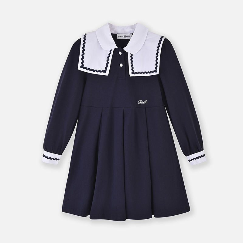 铅笔俱乐部2025年春装新品女童连衣裙儿童风裙子中大童长袖 120cm 深蓝