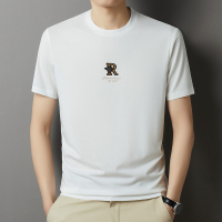 专柜新款男士冰丝短袖t恤男夏季印花桑蚕丝粉色圆领宽松上衣潮牌 190 白色