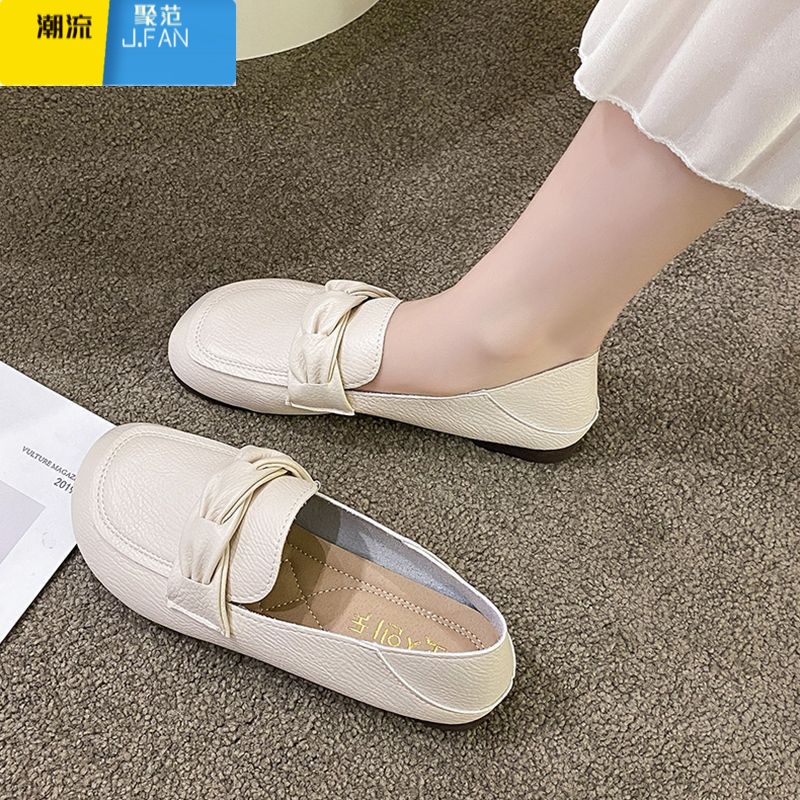 聚范平底单鞋女2024年夏季新款一脚蹬豆豆鞋浅口软底软皮裙子鞋子圆头 米白色-现货速发 39