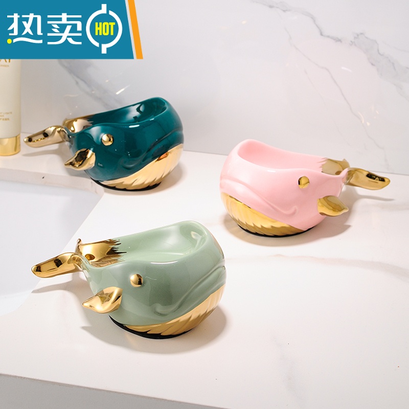 敬平轻奢风陶瓷肥皂盒摆放家用沥水卫生间可爱香皂盒子免打孔置物架 SK27麋鹿托盘[珍珠白]高清大图