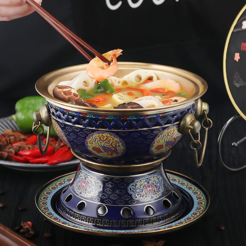 拜杰景泰蓝铜火锅家用商用纯铜酒精炉铜锅分餐单人酒精小火锅