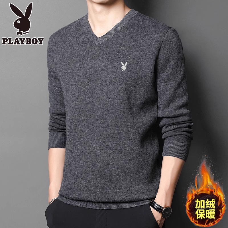 花花公子2024冬季加绒毛衣男V领保暖加厚款鸡心领宽松针织打底衫高清大图