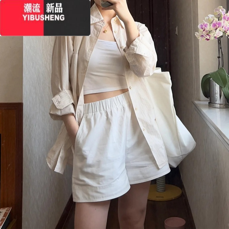 YIBUSHENG白色短裤女棉麻薄款梨形身材大码显瘦休闲裤小个子松紧腰四分裤