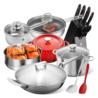 双立人(ZWILLING)Gourmet系列锅具套装中式炒锅不粘锅煎锅汤锅蒸笼奶锅刀具炊具套装