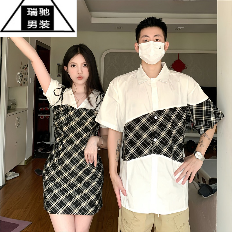 希杰狮王情侣装夏季小众设计感韩版显瘦男女短袖衬衫连衣裙法式一裙一衣潮