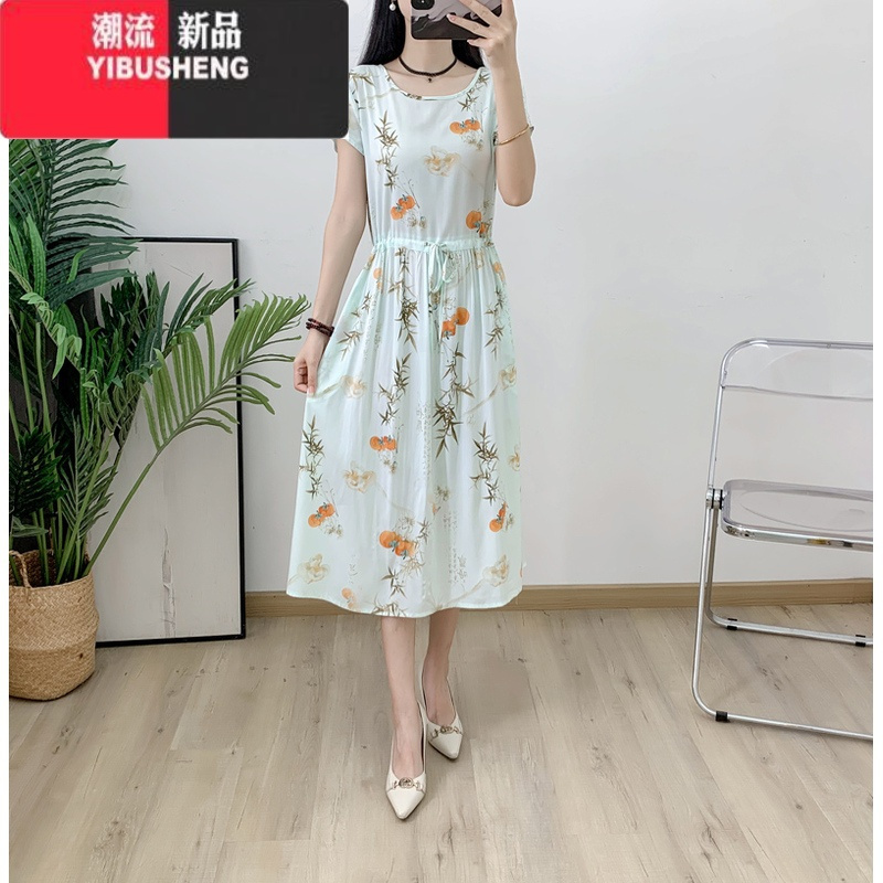 YIBUSHENG棉绸连衣裙女2024季新款国风人造棉收腰遮肚碎花大摆高腰长裙子