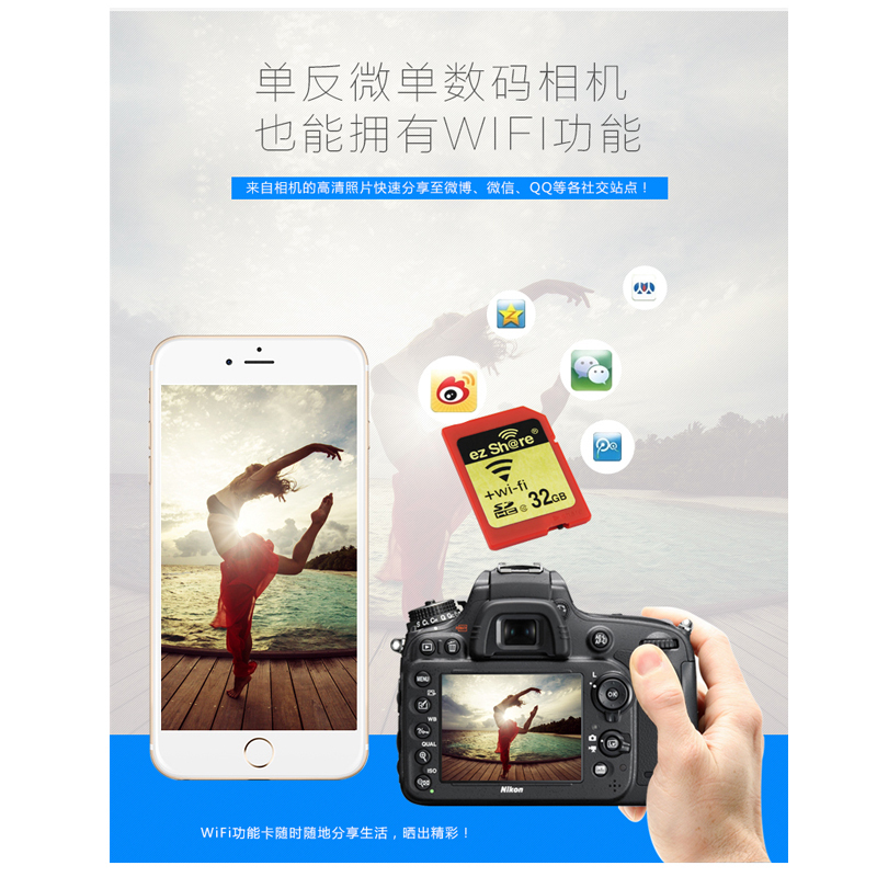 易享派( ez Share) wifi 无线sd卡数码相机内存卡高速存储SD大卡WiFi相机存储卡 32GB-三代一体卡